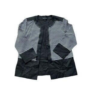 MING WANG Open Front Cardigan Jacket, Faux Leather Trim, Black White, Large